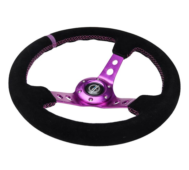 NRG Reinforced Steering Wheel (350mm / 3in. Deep) Black Suede w/Purple Center & Purple Stitching - Torque Motorsport