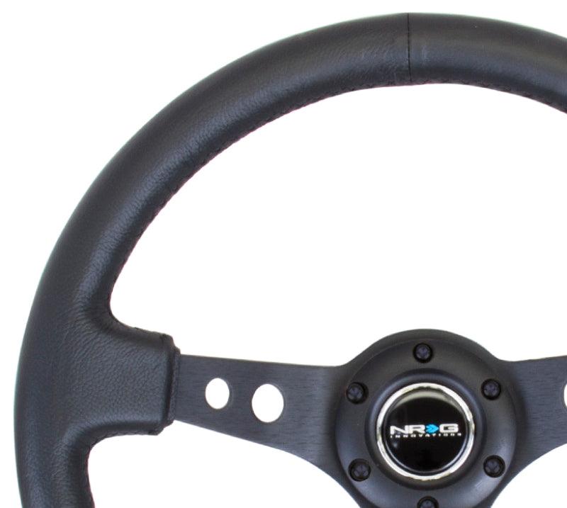 NRG Reinforced Steering Wheel (350mm / 3in. Deep) Blk Leather w/Blk Spoke & Circle Cutouts - Torque Motorsport