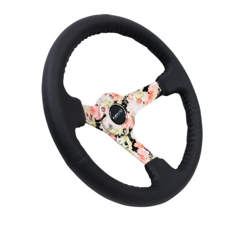 NRG Reinforced Steering Wheel (350mm / 3in. Deep) Blk Leather Floral Dipped w/ Blk Baseball Stitch - Torque Motorsport