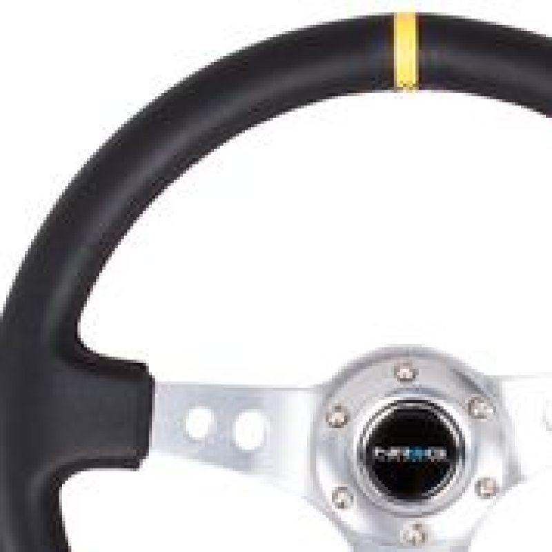 NRG Reinforced Steering Wheel (350mm / 3in. Deep) Blk Leather w/Circle Cut Spokes & Single Yellow CM - Torque Motorsport