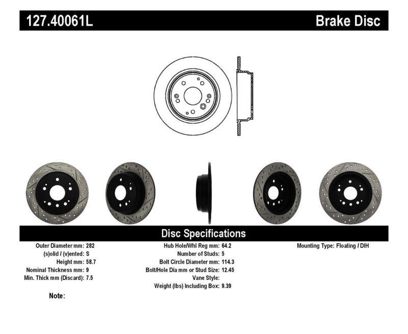 StopTech 04-08 Acura TL / 03-09 honda Element Slotted & Drilled Left Rear Rotor - Torque Motorsport