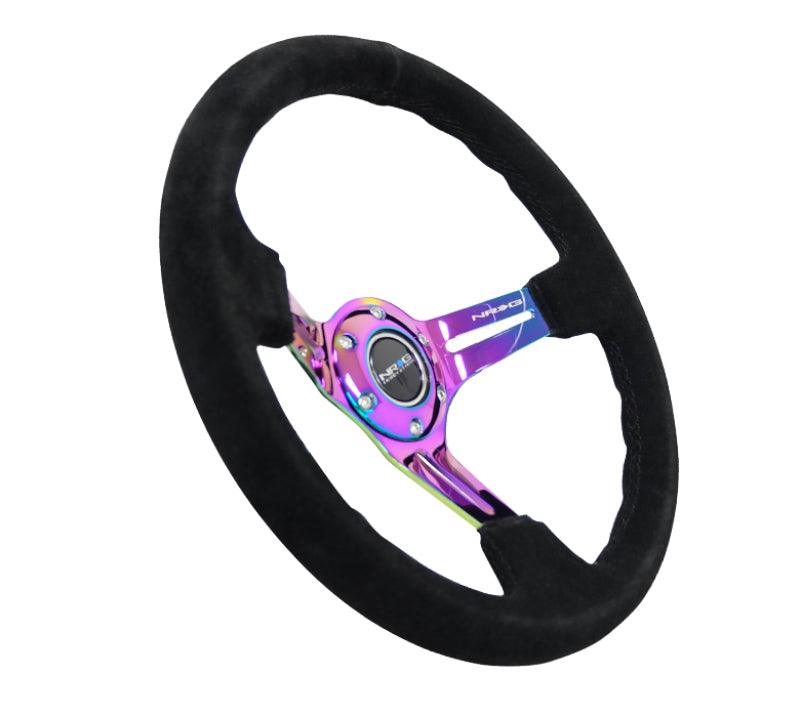 NRG Reinforced Steering Wheel (350mm / 3in. Deep) Blk Suede/Blk Stitch w/Neochrome Slits - Torque Motorsport