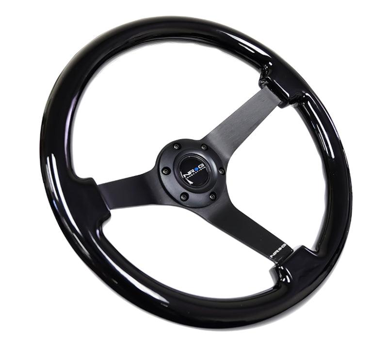 NRG Reinforced Steering Wheel (350mm / 3in. Deep) Black w/Black Chrome Solid 3-Spoke Center - Torque Motorsport