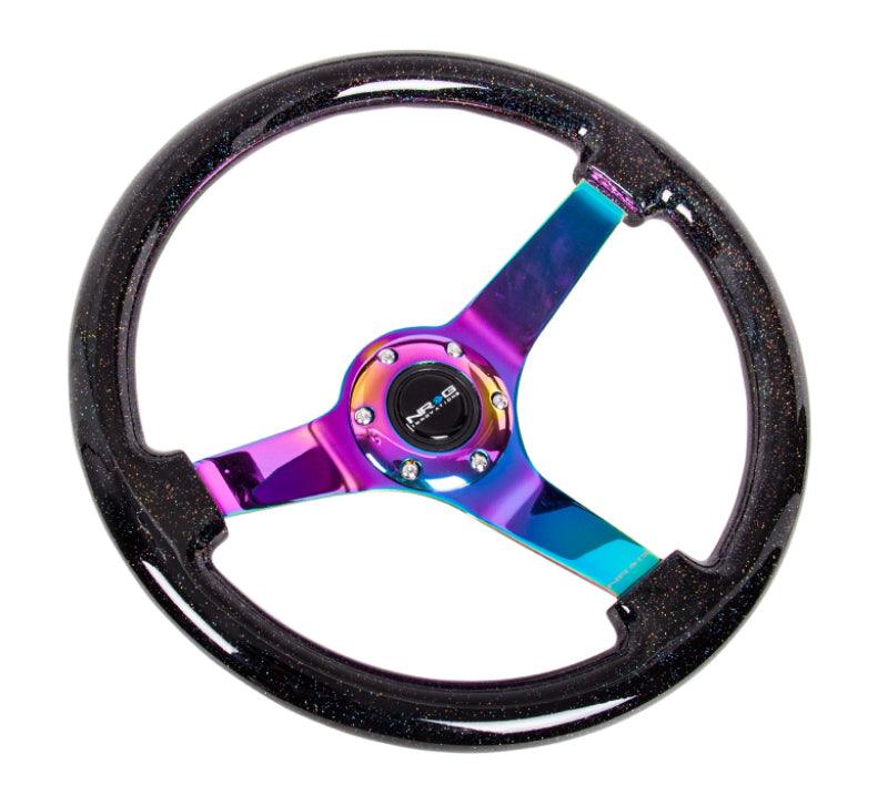 NRG Reinforced Steering Wheel (350mm / 3in. Deep) Classic Blk Sparkle w/4mm Neochrome 3-Spoke Center - Torque Motorsport