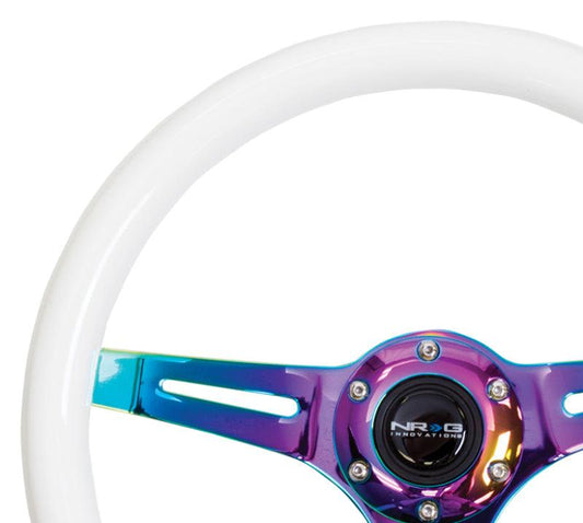 NRG Classic Wood Grain Steering Wheel (350mm) Glow-N-The-Dark Green Grip w/Neochrome 3-Spoke Center - Torque Motorsport