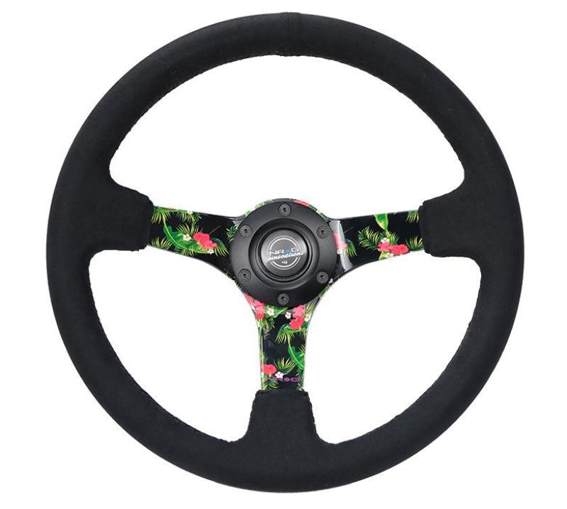 NRG Reinforced Steering Wheel (350mm / 3in. Deep) Black Suede w/ 5mm Floral 3-Spoke Center - Torque Motorsport