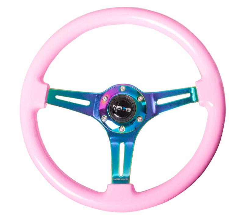 NRG Classic Wood Grain Steering Wheel (350mm) Solid Pink Painted Grip w/Neochrome 3-Spoke Center - Torque Motorsport