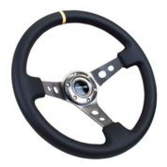 NRG Reinforced Steering Wheel (350mm / 3in. Deep) Blk Leather w/Gunmetal Cutout Spoke & Yellow CM - Torque Motorsport