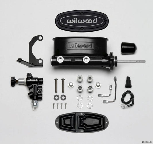 Wilwood HV Tandem M/C Kit w L/H Bracket & Prop Valve - 15/16in Bore Black-W/Pushrod - Torque Motorsport