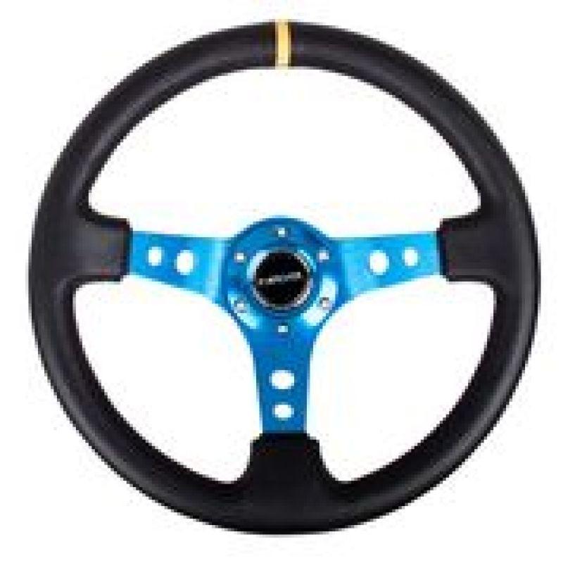 NRG Reinforced Steering Wheel (350mm / 3in. Deep) Blk Leather w/Blue Circle Cutout Spokes - Torque Motorsport