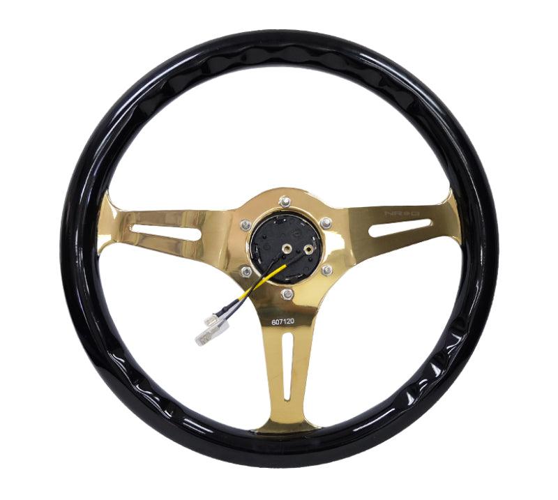 NRG Classic Wood Grain Steering Wheel (350mm) Black Grip w/Chrome Gold 3-Spoke Center - Torque Motorsport