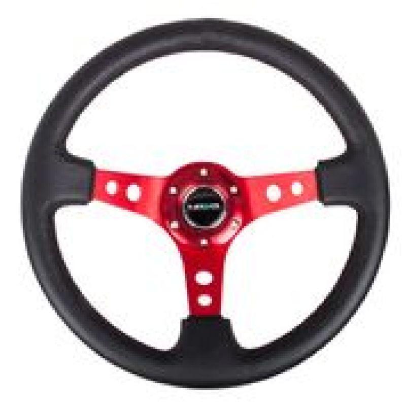 NRG Reinforced Steering Wheel (350mm / 3in. Deep) Blk Leather w/Red Circle Cutout Spokes - Torque Motorsport