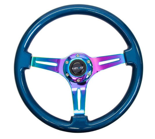 NRG Classic Wood Grain Steering Wheel (350mm) Blue Pearl/Flake Paint w/Neochrome 3-Spoke Center - Torque Motorsport