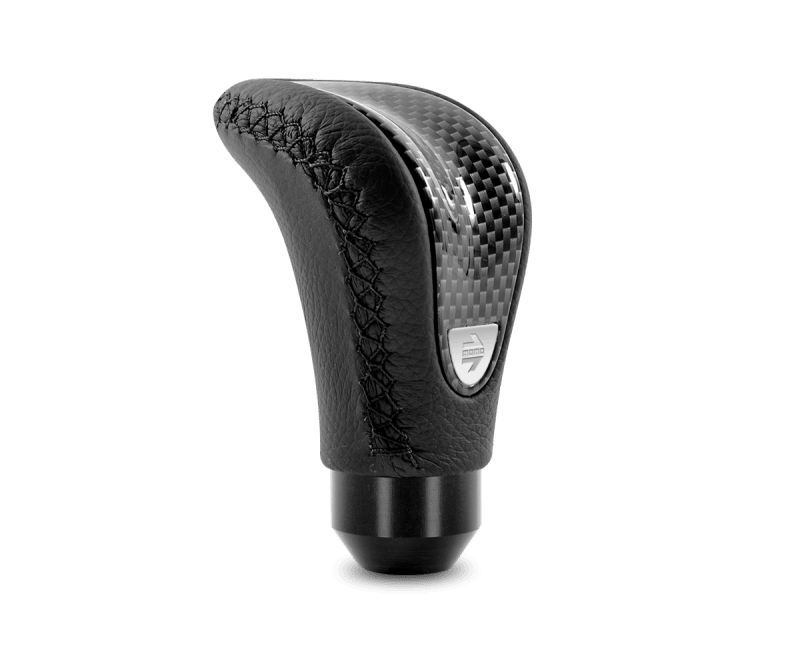 Momo Combat Evo Shift Knob - Black Leather, Carbon Effect Insert, Black Stitching - Torque Motorsport