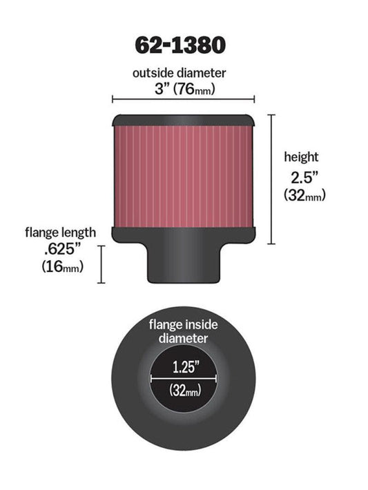 K&N 1.25in Flange ID x 3in OD x 2.5 inch H Rubber Base Crankcase Vent Filter - Torque Motorsport