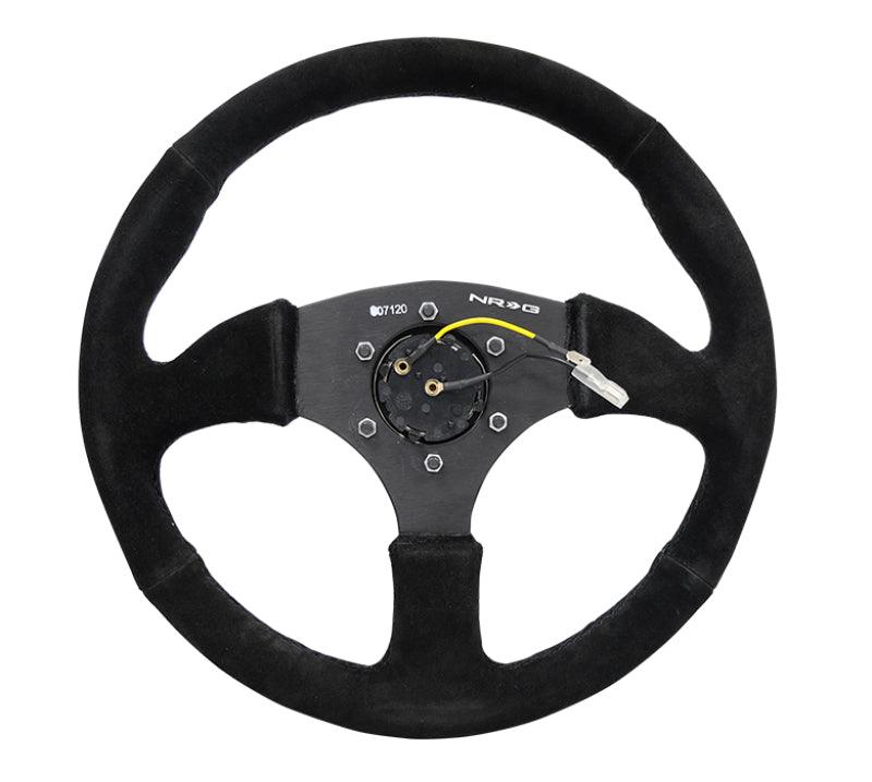 NRG Reinforced Steering Wheel (350mm / 2.5in. Deep) Blk Suede Comfort Grip w/5mm Matte Blk Spokes - Torque Motorsport