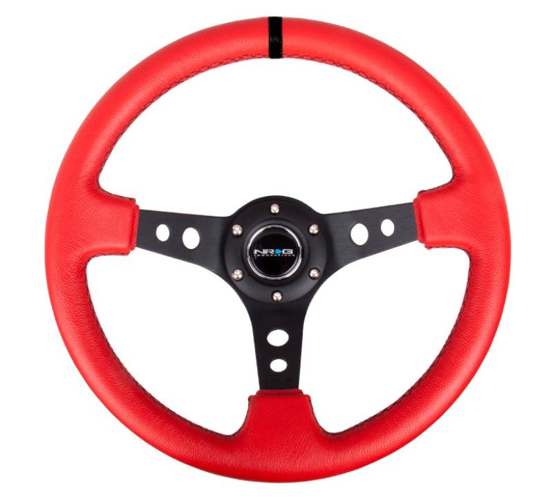 NRG Reinforced Steering Wheel (350mm / 3in. Deep) Red Suede w/Blk Circle Cutout Spokes - Torque Motorsport