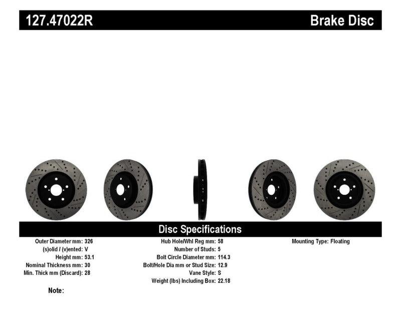 StopTech 05-10 Subaru Impreza WRX/STi Slotted & Drilled Right Front Rotor - Torque Motorsport