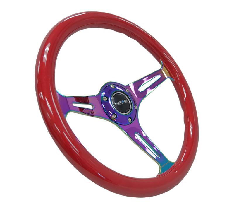 NRG Classic Wood Grain Steering Wheel (350mm) Red Grip w/Neochrome 3-Spoke Center - Torque Motorsport