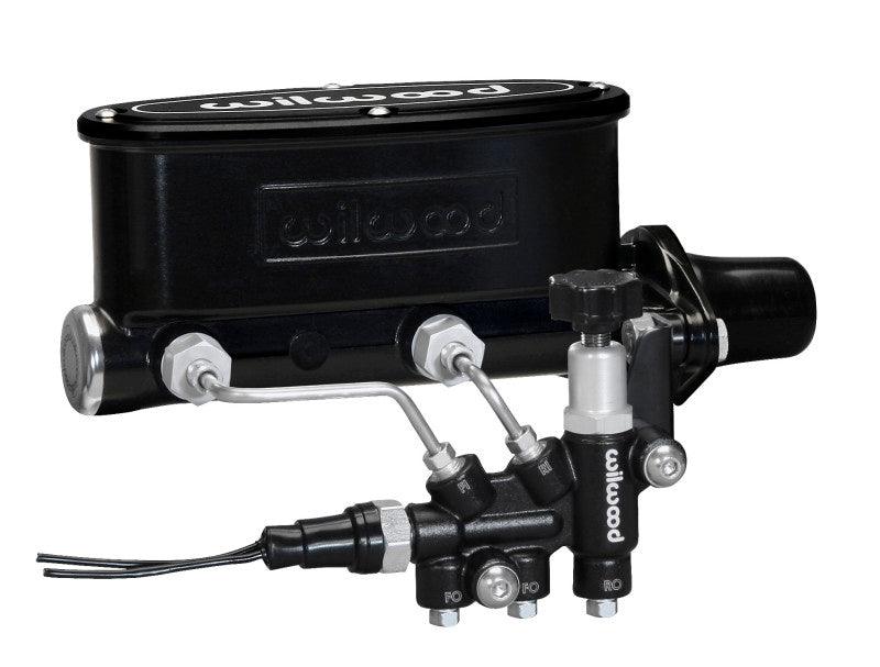 Wilwood HV Tandem M/C Kit w L/H Bracket & Prop Valve - 1 1/8in Bore Black - Torque Motorsport