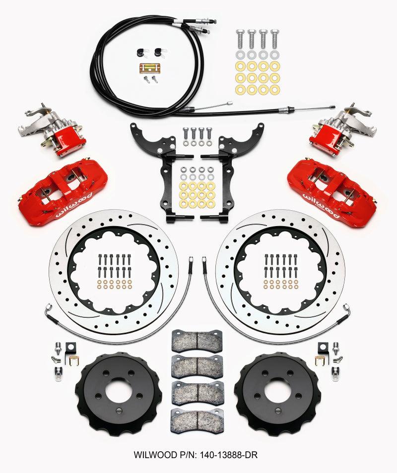 Wilwood AERO4 / MC4 Rear Kit 14.00 Drilled Red 2015-Up Mustang w/Lines & Cables - Torque Motorsport