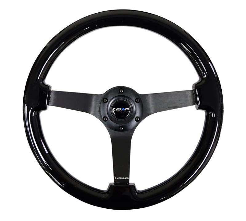 NRG Reinforced Steering Wheel (350mm / 3in. Deep) Black w/Black Chrome Solid 3-Spoke Center - Torque Motorsport