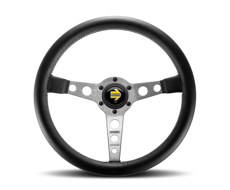 Momo Prototipo Steering Wheel 350 mm - Black Leather/Wht Stitch/Brshd Spokes - Torque Motorsport