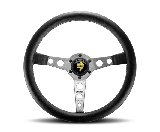 Momo Prototipo Steering Wheel 350 mm - Black Leather/Wht Stitch/Brshd Spokes - Torque Motorsport