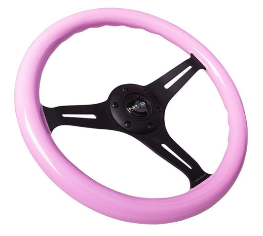 NRG Classic Wood Grain Steering Wheel (350mm) Solid Pink Painted Grip w/Black 3-Spoke Center - Torque Motorsport