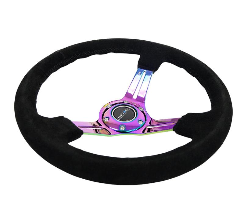 NRG Reinforced Steering Wheel (350mm / 3in. Deep) Blk Suede/Blk Stitch w/Neochrome Slits - Torque Motorsport