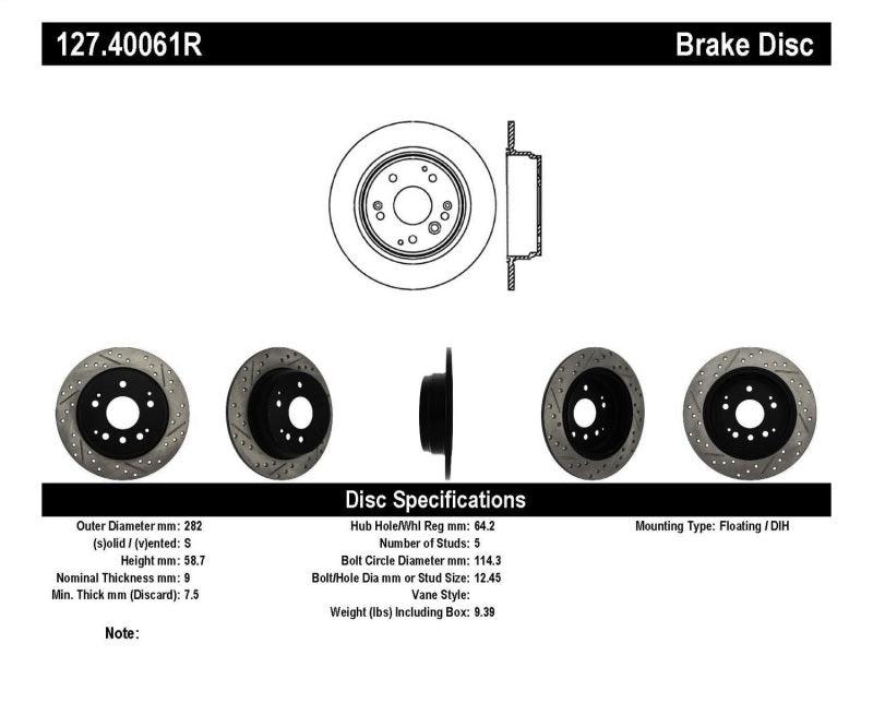 StopTech 04-08 Acura TL / 03-09 honda Element Slotted & Drilled Right Rear Rotor - Torque Motorsport