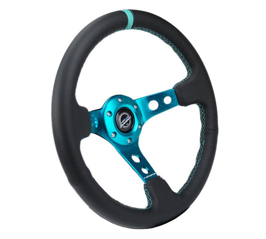 NRG Reinforce Steering Wheel (350mm / 3in. Deep) Blk Leather, Teal Center Mark w/ Teal Stitching - Torque Motorsport