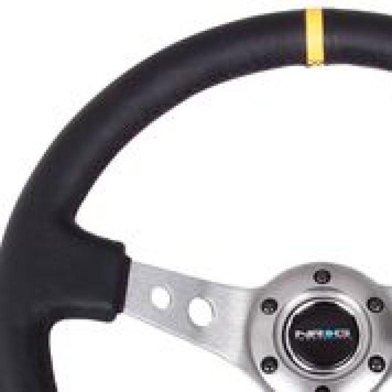 NRG Reinforced Steering Wheel (350mm / 3in. Deep) Blk Leather w/Gunmetal Cutout Spoke & Yellow CM - Torque Motorsport