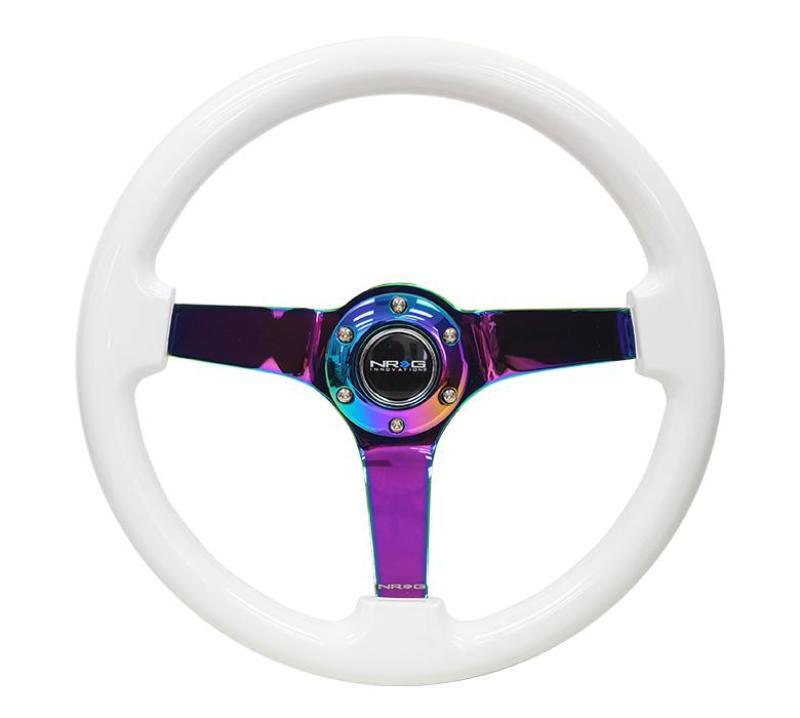 NRG Reinforced Steering Wheel (350mm / 3in. Deep) Classic White w/4mm Neochrome Solid 3-Spoke - Torque Motorsport