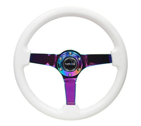 NRG Reinforced Steering Wheel (350mm / 3in. Deep) Classic White w/4mm Neochrome Solid 3-Spoke - Torque Motorsport