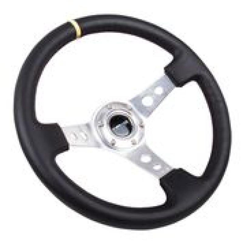 NRG Reinforced Steering Wheel (350mm / 3in. Deep) Blk Leather w/Circle Cut Spokes & Single Yellow CM - Torque Motorsport