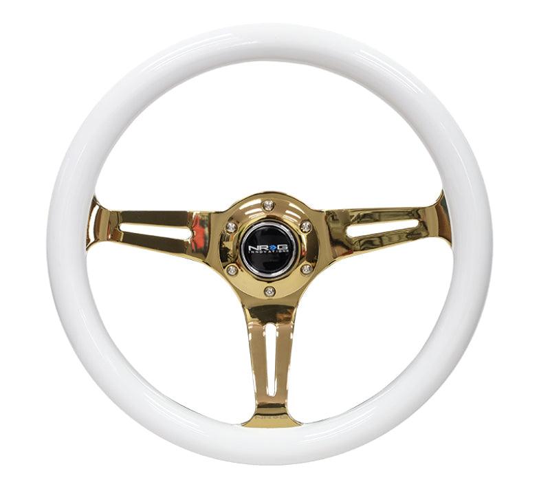 NRG Classic Wood Grain Steering Wheel (350mm) White Grip w/Chrome Gold 3-Spoke Center - Torque Motorsport