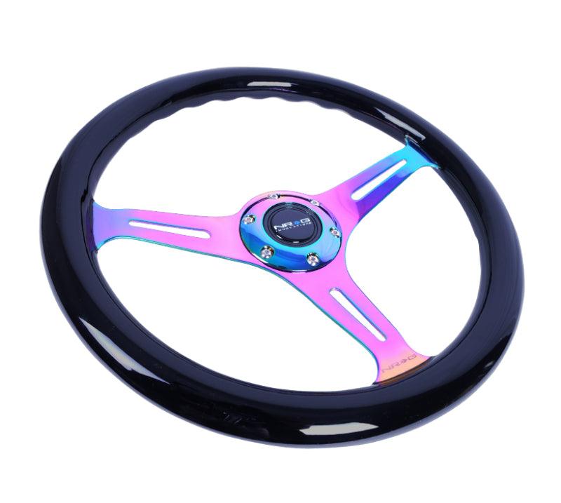 NRG Classic Wood Grain Steering Wheel (350mm) Black Paint Grip w/Neochrome 3-Spoke Center - Torque Motorsport