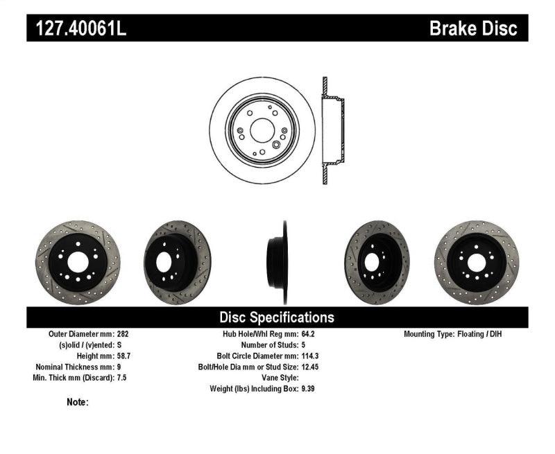 StopTech 04-08 Acura TL / 03-09 honda Element Slotted & Drilled Left Rear Rotor - Torque Motorsport