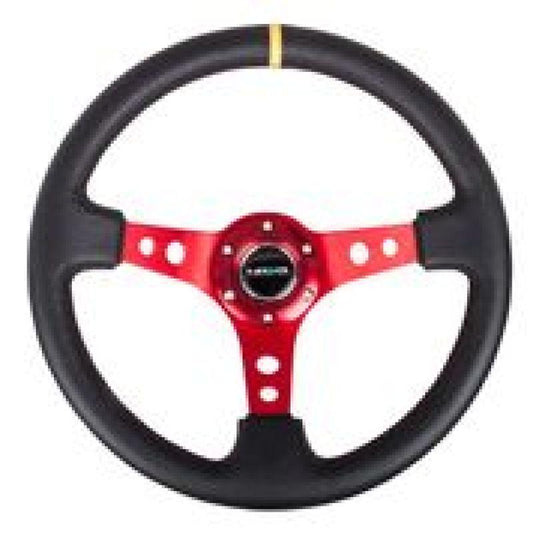 NRG Reinforced Steering Wheel (350mm / 3in. Deep) Blk Leather w/Red Spokes & Sgl Yellow Center Mark - Torque Motorsport