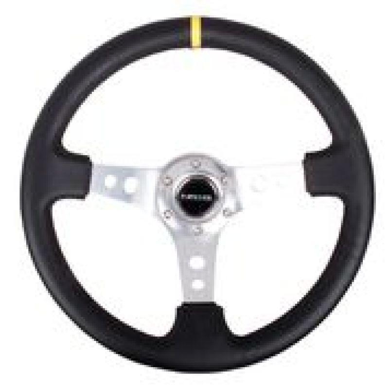 NRG Reinforced Steering Wheel (350mm / 3in. Deep) Blk Leather w/Circle Cut Spokes & Single Yellow CM - Torque Motorsport