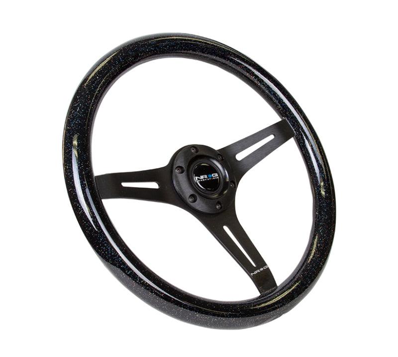 NRG Classic Wood Grain Steering Wheel (350mm) Black Sparkled Grip w/Black 3-Spoke Center - Torque Motorsport