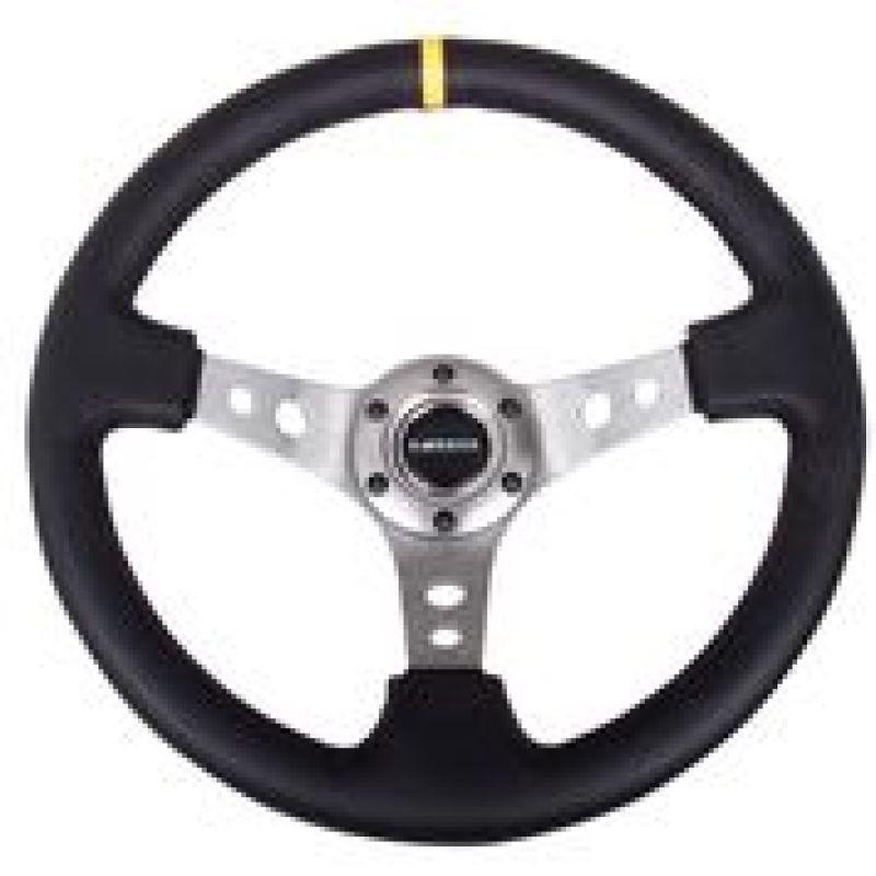 NRG Reinforced Steering Wheel (350mm / 3in. Deep) Blk Leather w/Gunmetal Cutout Spoke & Yellow CM - Torque Motorsport