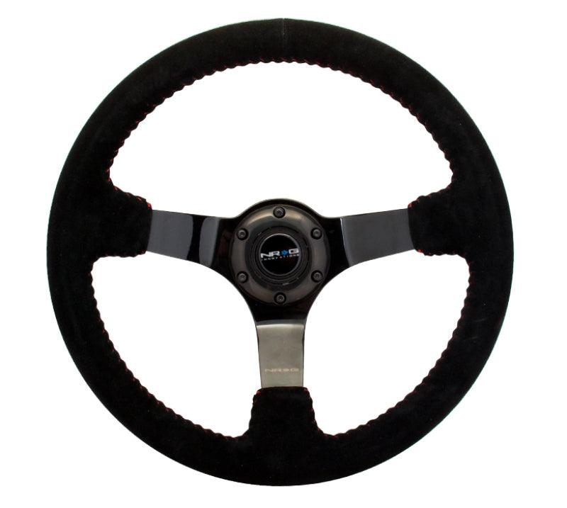 NRG Reinforced Steering Wheel (350mm / 3in. Deep) Blk Suede w/Red BBall Stitch & Black 3-Spoke - Torque Motorsport