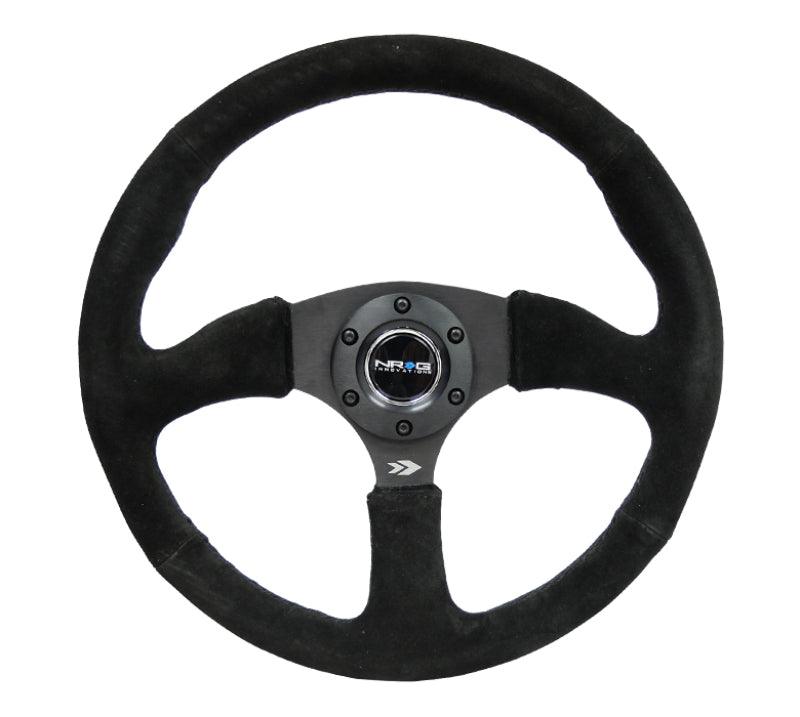 NRG Reinforced Steering Wheel (350mm / 2.5in. Deep) Blk Suede Comfort Grip w/5mm Matte Blk Spokes - Torque Motorsport