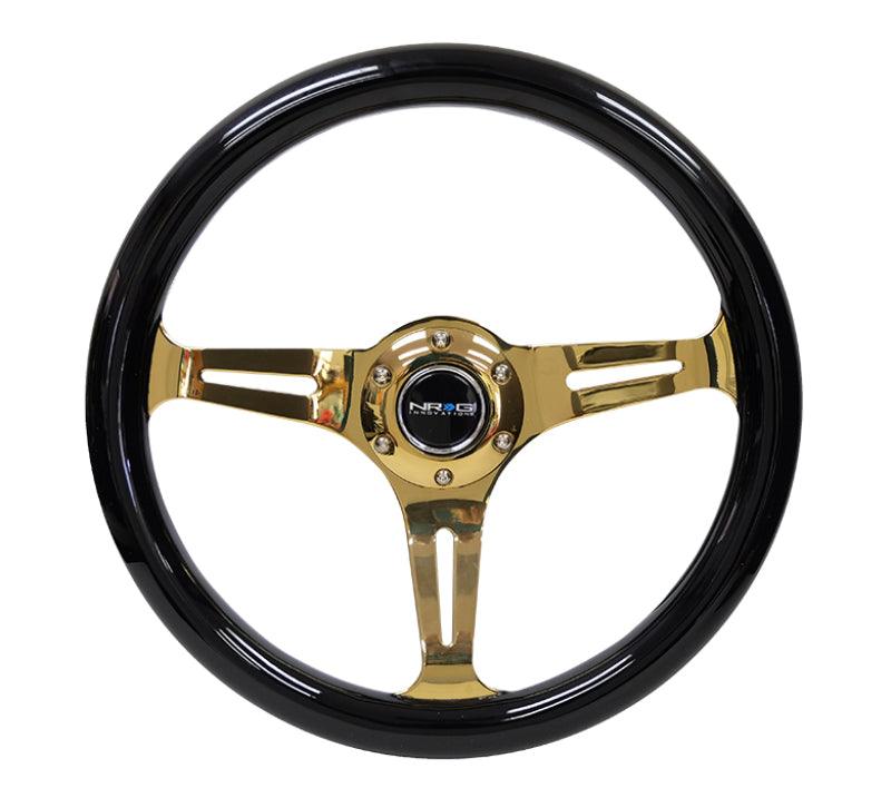 NRG Classic Wood Grain Steering Wheel (350mm) Black Grip w/Chrome Gold 3-Spoke Center - Torque Motorsport