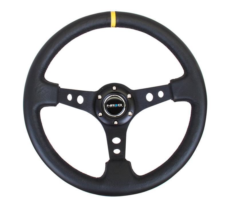 NRG Reinforced Steering Wheel (350mm / 3in. Deep) Blk Leather w/Blk Cutout Spoke/Yellow Center Mark - Torque Motorsport