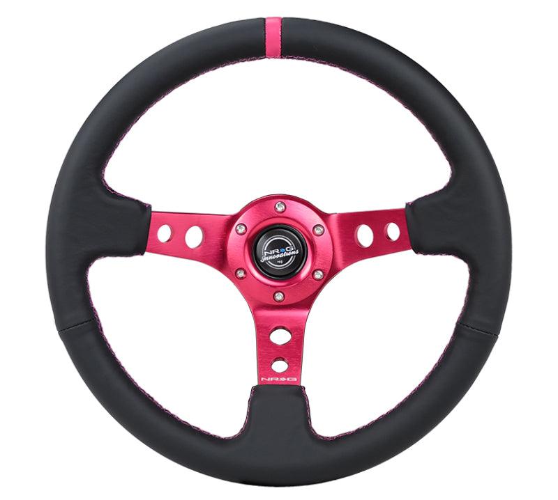 NRG Reinforced Steering Wheel (350mm/3in. Deep) Black Leather/ Fushia Center Mark/ Fushia Stitching - Torque Motorsport