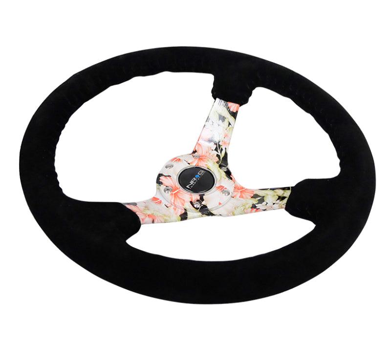 NRG Reinforced Steering Wheel (350mm / 3in. Deep) Blk Suede Floral Dipped w/ Blk Baseball Stitch - Torque Motorsport