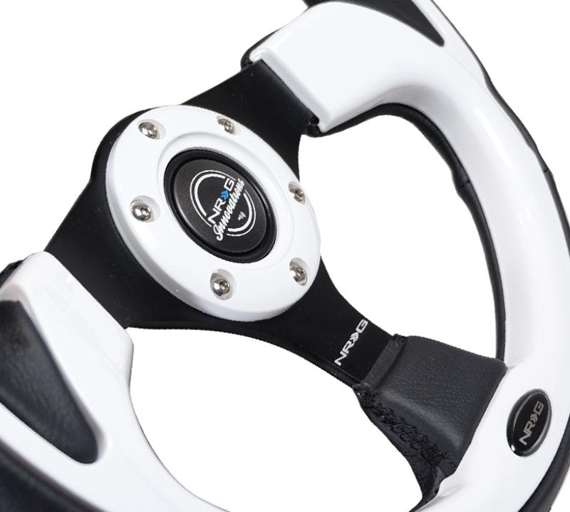 NRG Reinforced Steering Wheel (320mm) Blk w/White Trim & 4mm 3-Spoke - Torque Motorsport